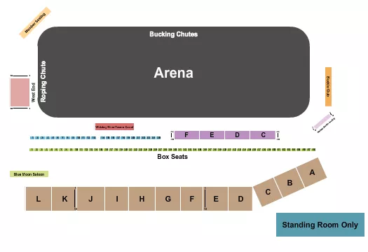 Rodeo Seating Chart at Prescott Frontier Days. The chart shows the main floor/stage with seating options surrounding it, which are color coded