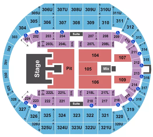 Bailey Zimmerman Seating Chart at Propst Arena At the Von Braun Center. The chart shows the main floor/stage with seating options surrounding it, which are color coded