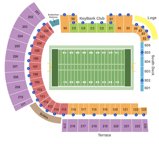 Football Seating Chart at Providence Park. The chart shows the main floor/stage with seating options surrounding it, which are color coded