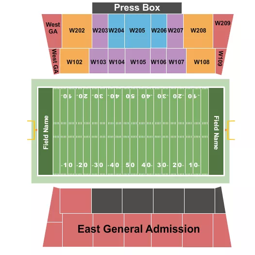Football Seating Chart at Provost Umphrey Stadium. The chart shows the main floor/stage with seating options surrounding it, which are color coded