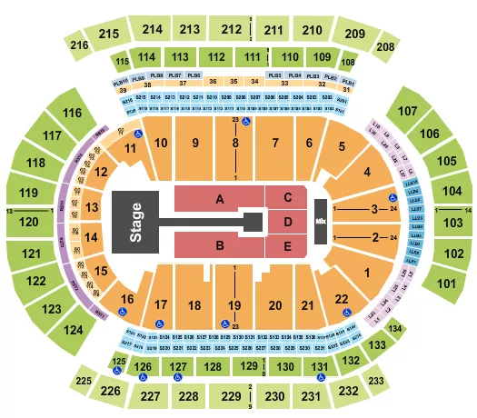 Anuel AA Seating Chart at Prudential Center. The chart shows the main floor/stage with seating options surrounding it, which are color coded