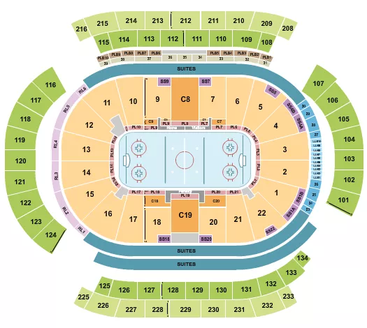 Hockey 2 Seating Chart at Prudential Center. The chart shows the main floor/stage with seating options surrounding it, which are color coded