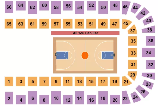 Basketball Seating Chart at Public Hall At Cleveland Public Auditorium. The chart shows the main floor/stage with seating options surrounding it, which are color coded