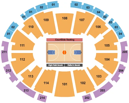 Basketball Seating Chart at Qubein Center. The chart shows the main floor/stage with seating options surrounding it, which are color coded