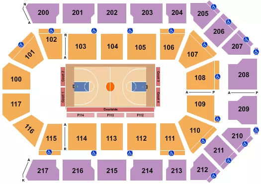 Basketball Globetrotters Seating Chart at Mechanics Bank Arena. The chart shows the main floor/stage with seating options surrounding it, which are color coded