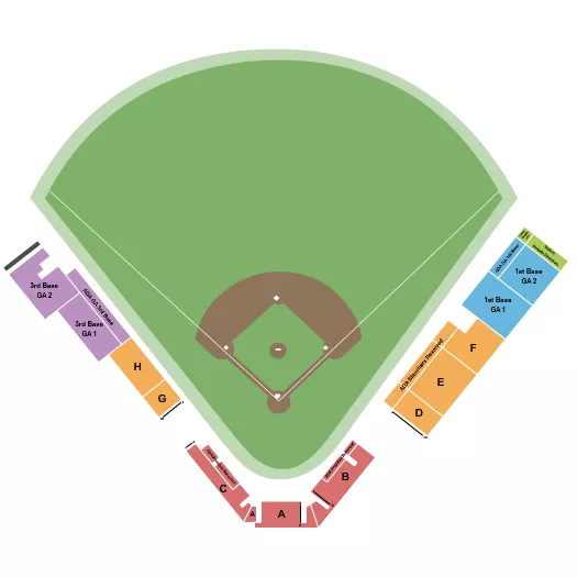 Baseball Seating Chart at Raimondi Park. The chart shows the main floor/stage with seating options surrounding it, which are color coded