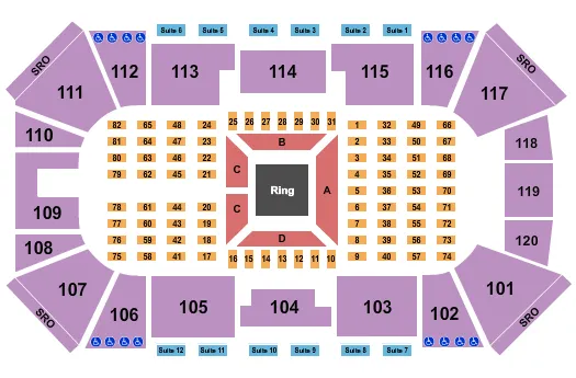 Boxing Seating Chart at Liberty First Credit Union Arena. The chart shows the main floor/stage with seating options surrounding it, which are color coded