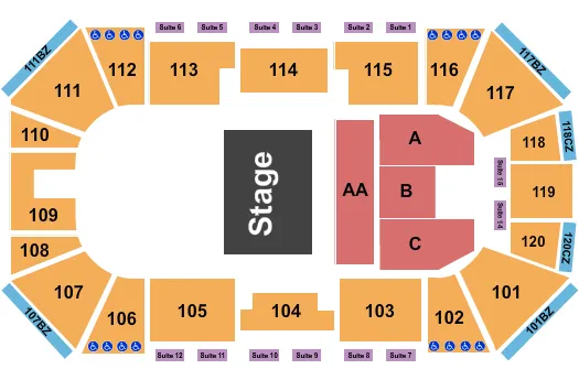 Half House Seating Chart at Liberty First Credit Union Arena. The chart shows the main floor/stage with seating options surrounding it, which are color coded
