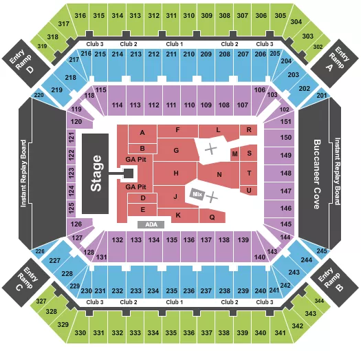 AC/DC Seating Chart at Raymond James Stadium. The chart shows the main floor/stage with seating options surrounding it, which are color coded