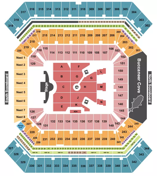Ed Sheeran Seating Chart at Raymond James Stadium. The chart shows the main floor/stage with seating options surrounding it, which are color coded