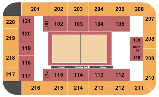 Volleyball Seating Chart at Recreation Hall - Penn State University. The chart shows the main floor/stage with seating options surrounding it, which are color coded