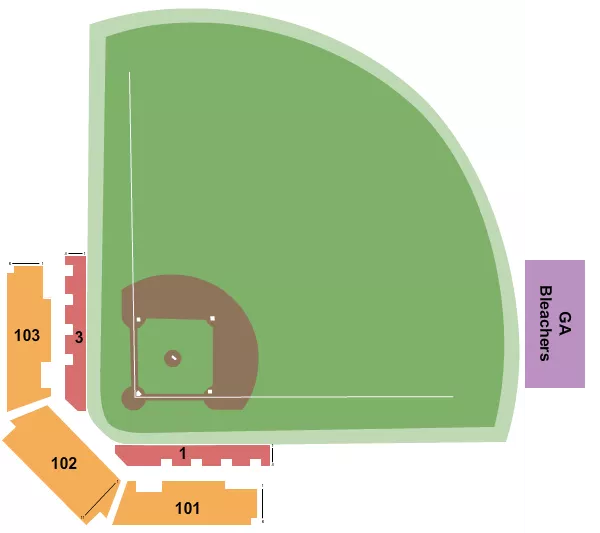 Softball Seating Chart at Red and Charline McCombs Field. The chart shows the main floor/stage with seating options surrounding it, which are color coded