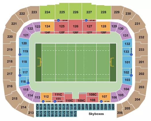 Rugby Seating Chart at Sports Illustrated Stadium. The chart shows the main floor/stage with seating options surrounding it, which are color coded