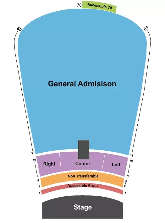 Endstage GA NonTransferable Seating Chart at Red Rocks. The chart shows the main floor/stage with seating options surrounding it, which are color coded