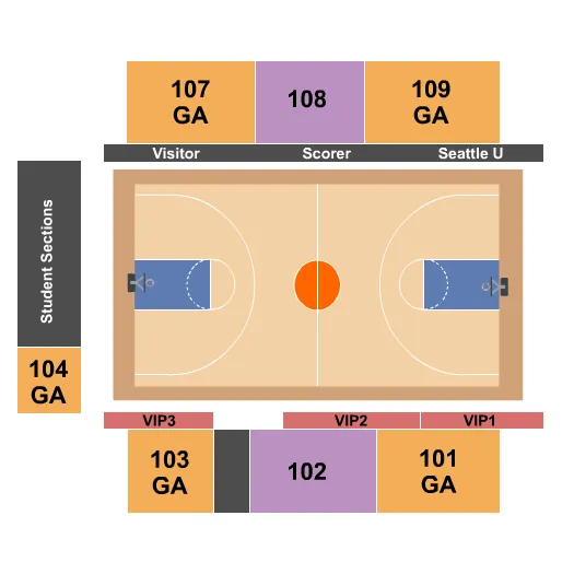 Basketball Seating Chart at Redhawk Center. The chart shows the main floor/stage with seating options surrounding it, which are color coded