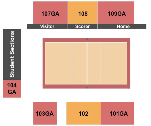 Volleyball Seating Chart at Redhawk Center. The chart shows the main floor/stage with seating options surrounding it, which are color coded