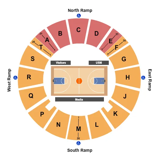 Basketball Seating Chart at Reed Green Coliseum. The chart shows the main floor/stage with seating options surrounding it, which are color coded