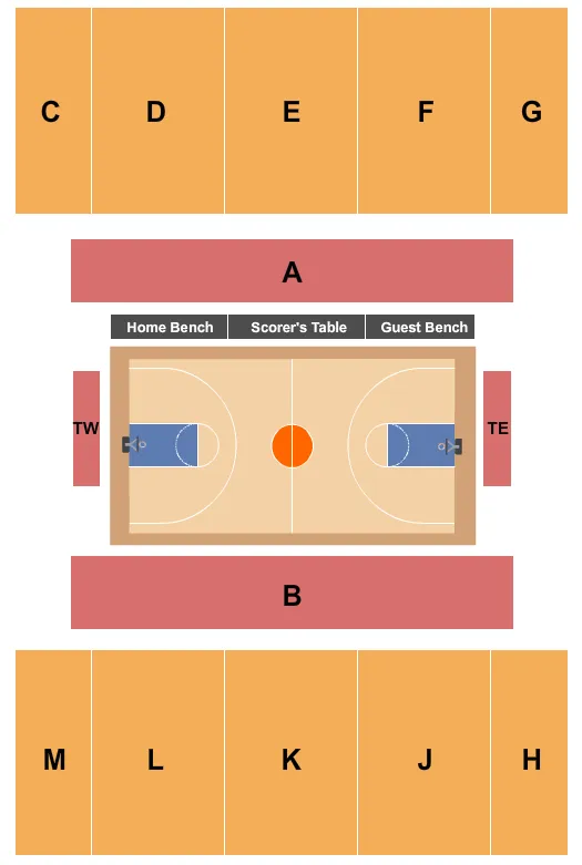 Basketball 2 Seating Chart at Reed Gym. The chart shows the main floor/stage with seating options surrounding it, which are color coded