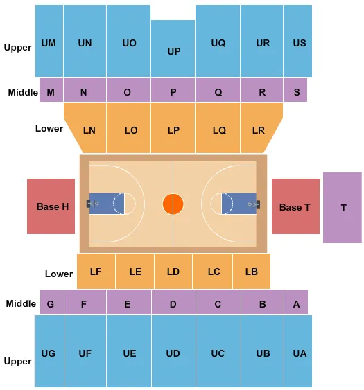 Basketball Seating Chart at Reese Court. The chart shows the main floor/stage with seating options surrounding it, which are color coded