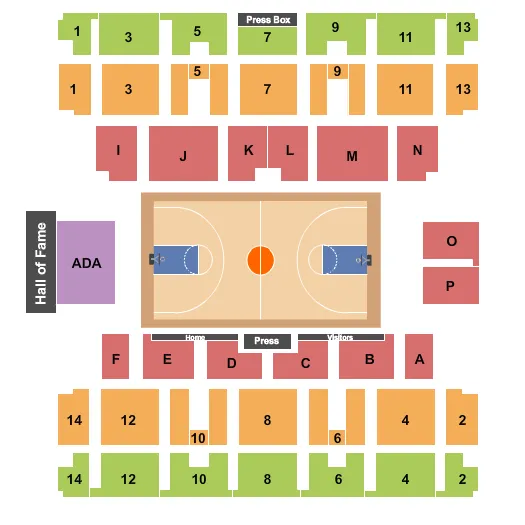 Basketball Seating Chart at Reilly Center. The chart shows the main floor/stage with seating options surrounding it, which are color coded