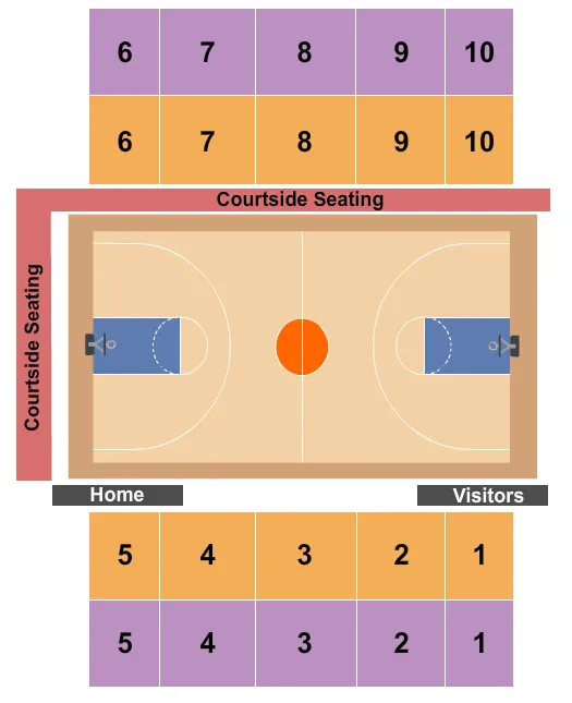 Basketball Seating Chart at Reitz Arena. The chart shows the main floor/stage with seating options surrounding it, which are color coded