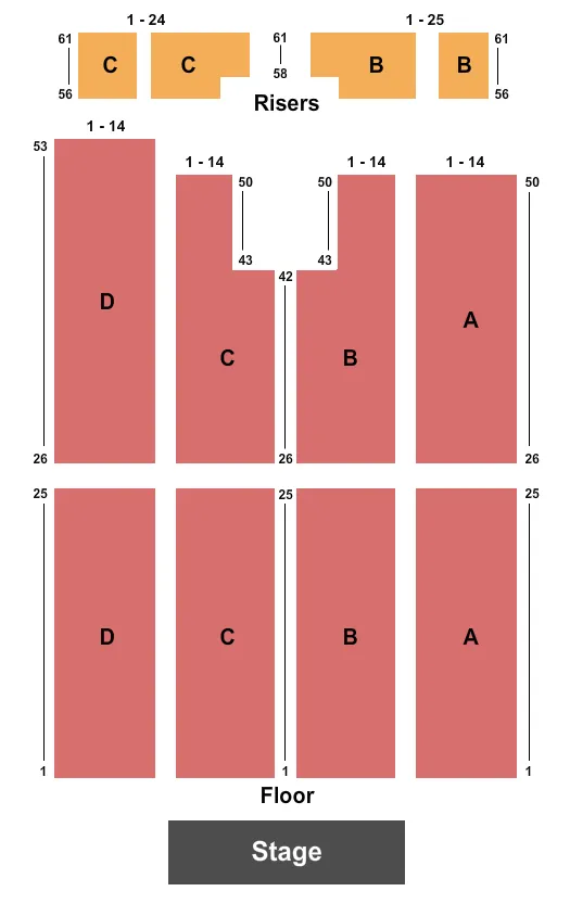 Endstage - Northsouth 2 Seating Chart at Reno Ballroom. The chart shows the main floor/stage with seating options surrounding it, which are color coded