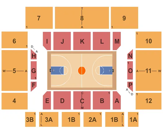 Basketball Seating Chart at Rhodes Arena. The chart shows the main floor/stage with seating options surrounding it, which are color coded