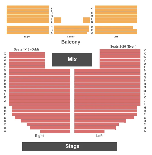 End Stage Seating Chart at Rialto Theatre. The chart shows the main floor/stage with seating options surrounding it, which are color coded