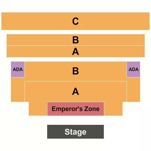 Empire Strips Back Seating Chart at Ricardo Montalban Theatre. The chart shows the main floor/stage with seating options surrounding it, which are color coded