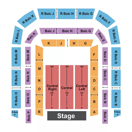 End Stage Seating Chart at Richmond Memorial Auditorium. The chart shows the main floor/stage with seating options surrounding it, which are color coded