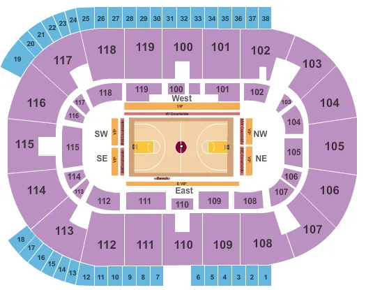 Basketball Seating Chart at Coca-Cola Coliseum. The chart shows the main floor/stage with seating options surrounding it, which are color coded