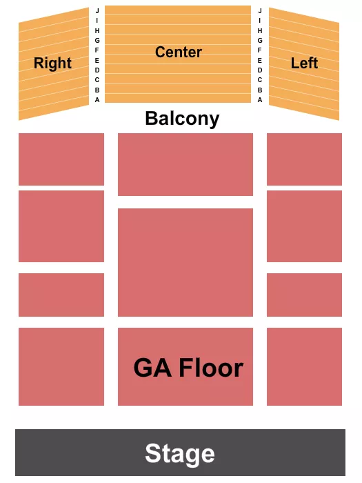 Endstage GA Floor 2 Seating Chart at Ridglea Theater. The chart shows the main floor/stage with seating options surrounding it, which are color coded