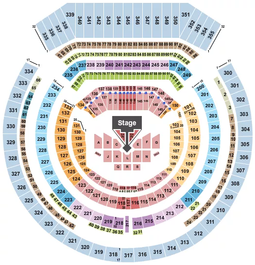 BigBang Seating Chart at Oakland Coliseum. The chart shows the main floor/stage with seating options surrounding it, which are color coded