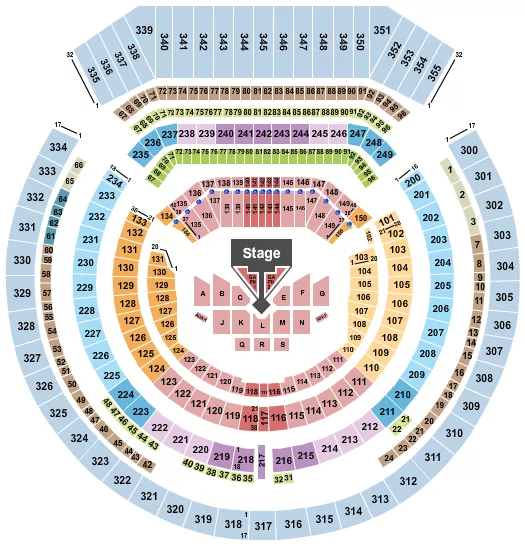 BigBang Seating Chart at Oakland Coliseum. The chart shows the main floor/stage with seating options surrounding it, which are color coded