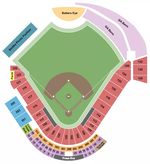 Baseball Seating Chart at Rio Grande Credit Union Field at Isotopes Park. The chart shows the main floor/stage with seating options surrounding it, which are color coded