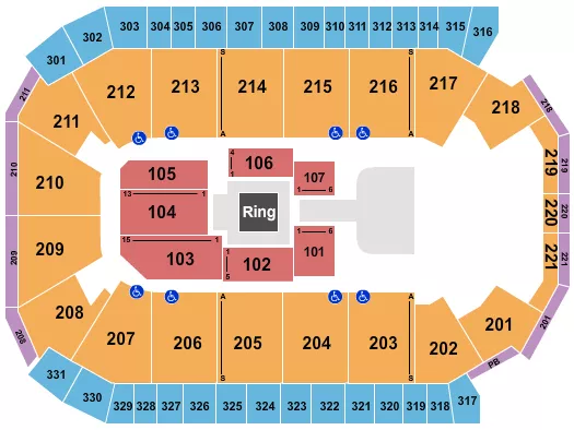 AEW Seating Chart at Rio Rancho Events Center. The chart shows the main floor/stage with seating options surrounding it, which are color coded