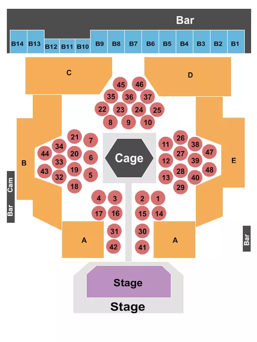 Boxing Seating Chart at River Cree Casino. The chart shows the main floor/stage with seating options surrounding it, which are color coded