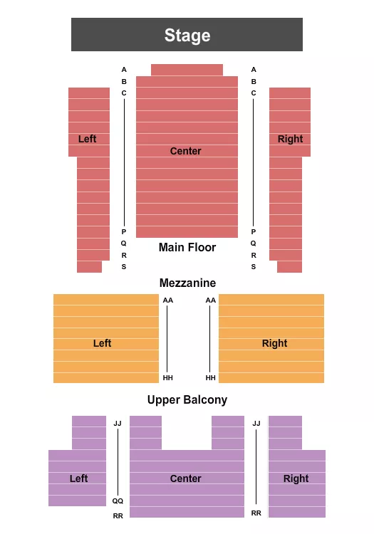 End Stage Seating Chart at River Raisin Centre for the Arts. The chart shows the main floor/stage with seating options surrounding it, which are color coded