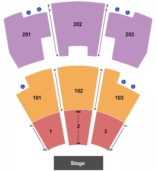 End Stage Seating Chart at Paradise Cove At River Spirit. The chart shows the main floor/stage with seating options surrounding it, which are color coded