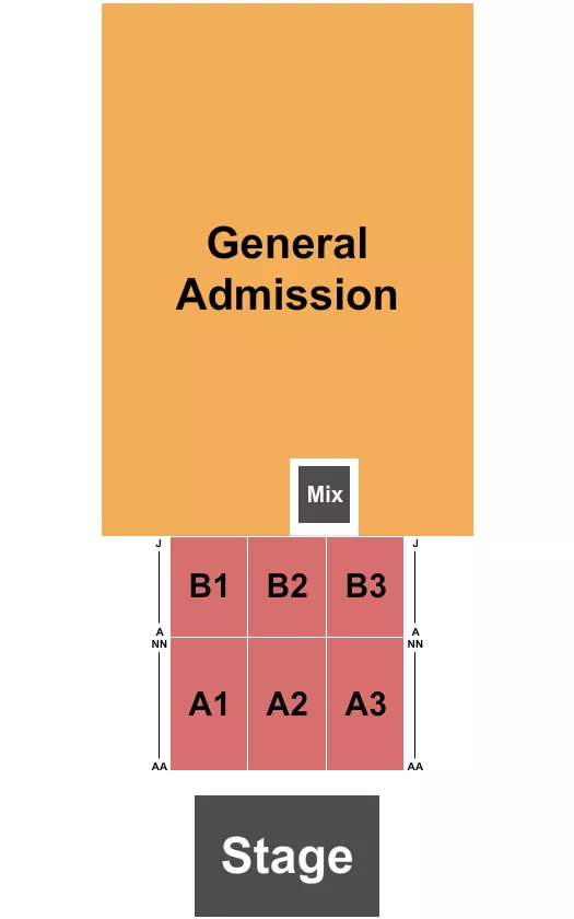 Endstage GA Seating Chart at Riverfront Park. The chart shows the main floor/stage with seating options surrounding it, which are color coded