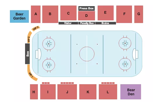 Hockey Seating Chart at Riverside Arena. The chart shows the main floor/stage with seating options surrounding it, which are color coded