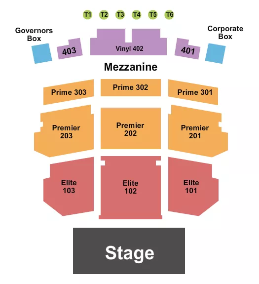 Endstage Elite with Tables Seating Chart at Showplace Theatre At Riverwind Casino. The chart shows the main floor/stage with seating options surrounding it, which are color coded