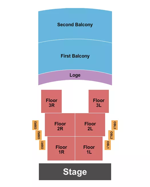 Endstage 4 Seating Chart at Riviera Theatre. The chart shows the main floor/stage with seating options surrounding it, which are color coded