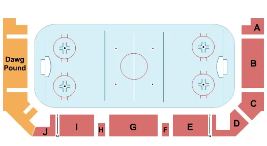 Hockey Seating Chart at Robert Ewigleben Ice Arena. The chart shows the main floor/stage with seating options surrounding it, which are color coded