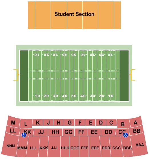 Football Seating Chart at Robert W. Plaster Stadium. The chart shows the main floor/stage with seating options surrounding it, which are color coded