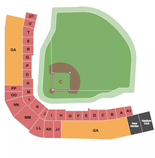 Baseball - WPBL Seating Chart at Robin Roberts Stadium. The chart shows the main floor/stage with seating options surrounding it, which are color coded