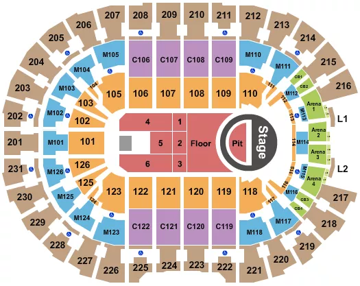 5 Seconds of Summer 2025 Seating Chart at Rocket Arena. The chart shows the main floor/stage with seating options surrounding it, which are color coded