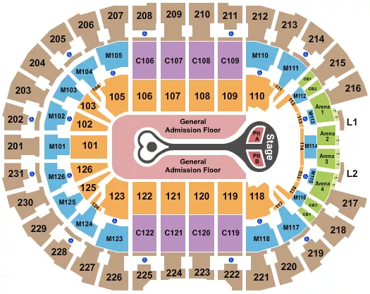 Benson Boone Seating Chart at Rocket Arena. The chart shows the main floor/stage with seating options surrounding it, which are color coded