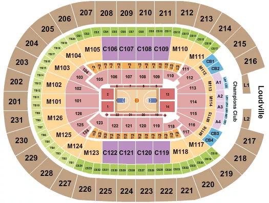 Basketball 1 Seating Chart at Rocket Arena. The chart shows the main floor/stage with seating options surrounding it, which are color coded