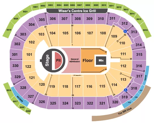 5 Seconds of Summer Seating Chart at Rogers Arena. The chart shows the main floor/stage with seating options surrounding it, which are color coded